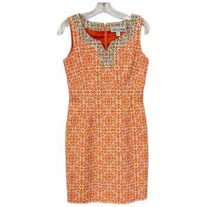 Sara Campbell Sleeveless Sheath Embroidered Print Dress Orange White Tan